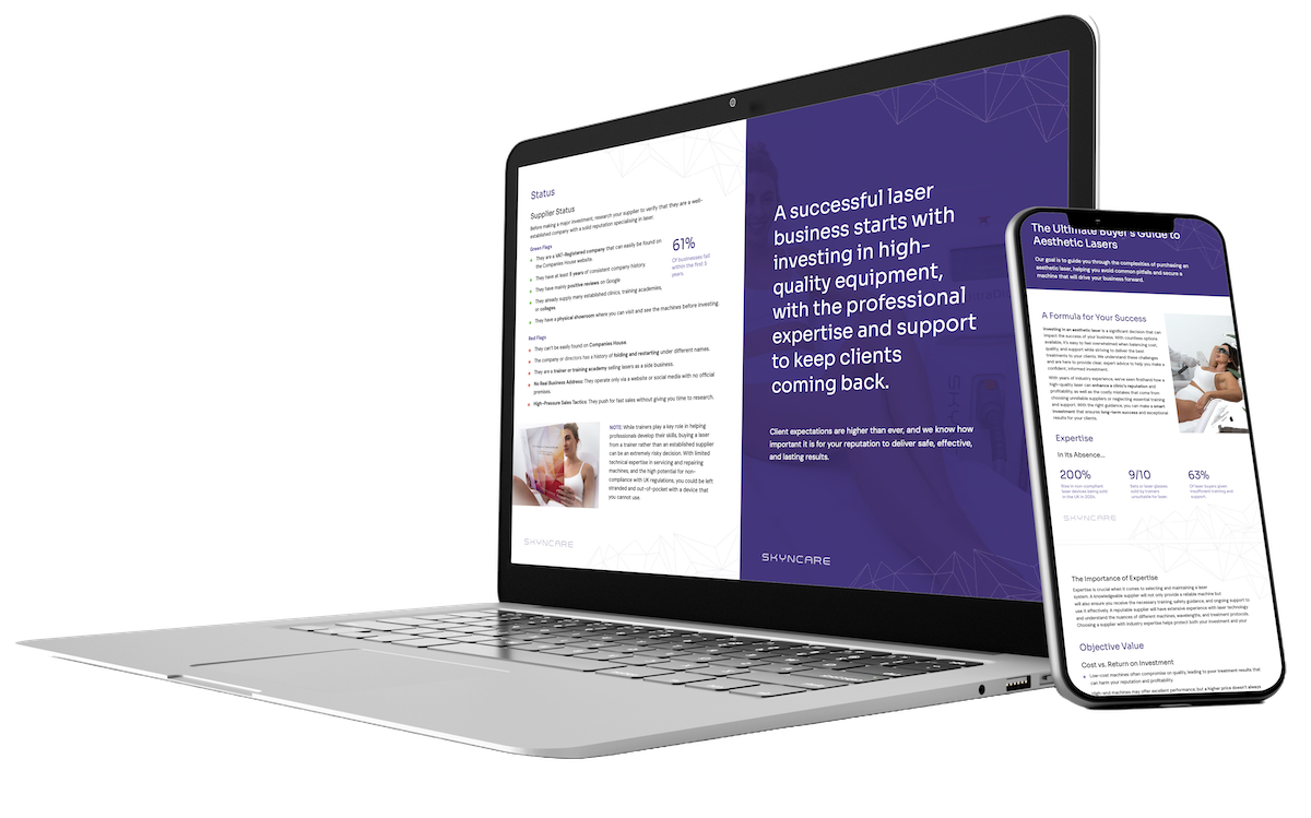 A laptop and phone showing the Skyncare Ultimate Laser Buyer's Guide